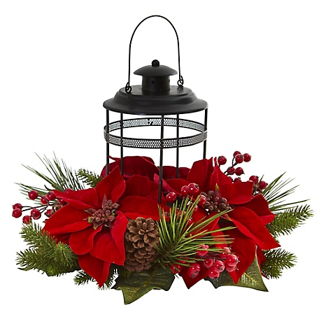Nearly Natural 13 in. Poinsettia Berry Pine Artificial Arrangement Candelabrum