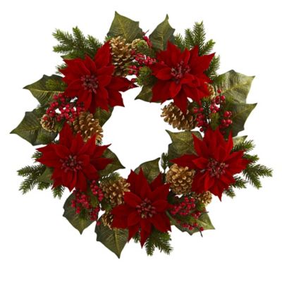 Nearly Natural 24 in. Poinsettia Berry and Golden Pine Cone Artificial Wreath