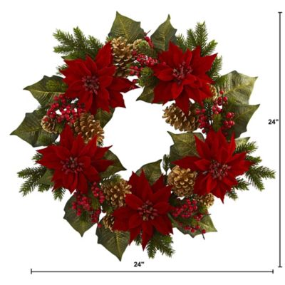 Image showing  24 in. Poinsettia Berry and Golden Pine Cone Artificial Wreath