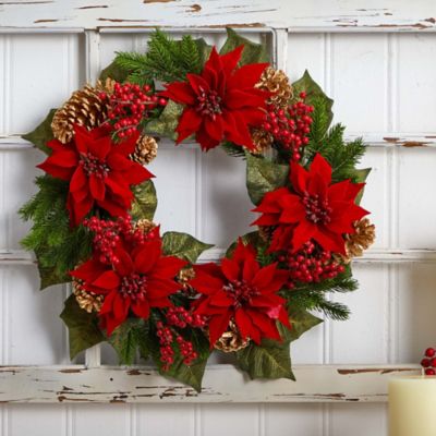 Image showing  24 in. Poinsettia Berry and Golden Pine Cone Artificial Wreath