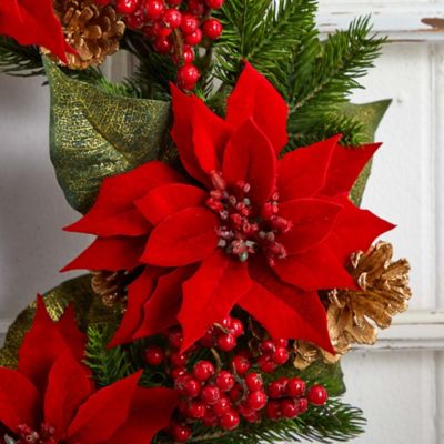 Image showing  24 in. Poinsettia Berry and Golden Pine Cone Artificial Wreath