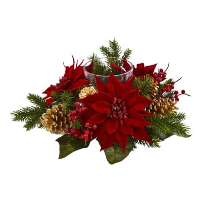 Nearly Natural 14 in. Poinsettia Berry and Golden Pine Cone Candelabrum Artificial Arrangement