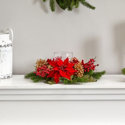 Image showing  14 in. Poinsettia Berry and Golden Pine Cone Candelabrum Artificial Arrangement