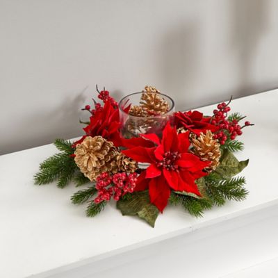 Image showing  14 in. Poinsettia Berry and Golden Pine Cone Candelabrum Artificial Arrangement