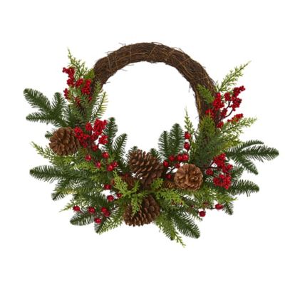 Nearly Natural 22 in. Mixed Pine and Cedar Artificial Wreath with Berries and Pine Cones