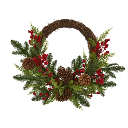 Nearly Natural 22 in Artificial Mixed Pine and Cedar Wreath with Berries and Pine Cones Artificial Christmas Wreaths