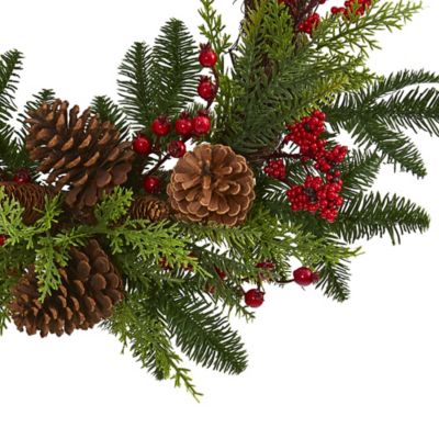 Image showing  22 in. Mixed Pine and Cedar Artificial Wreath with Berries and Pine Cones