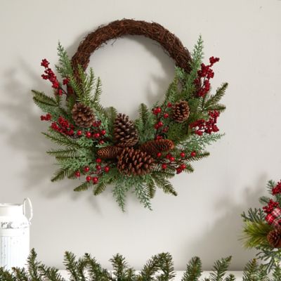 Image showing  22 in. Mixed Pine and Cedar Artificial Wreath with Berries and Pine Cones