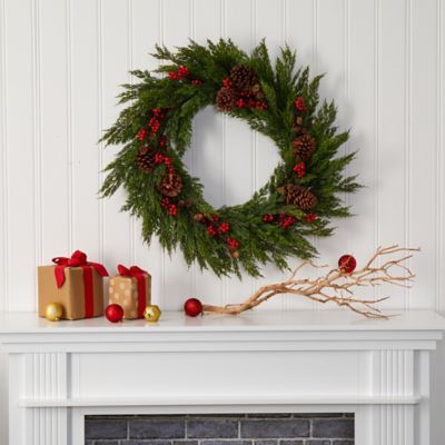 Image showing  32 in. Cypress Artificial Wreath with Berries and Pine Cones