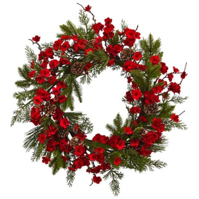 Nearly Natural 24 in. Plum Blossom Pine Wreath
