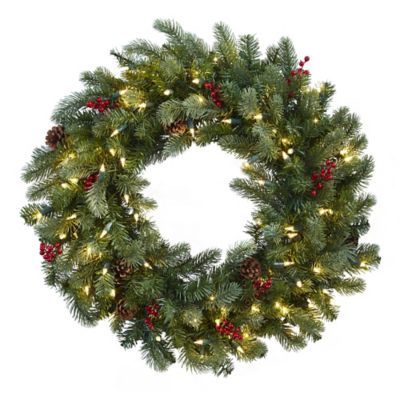 Nearly Natural 30 in. Lighted Pine Wreath with Berries and Pine Cones