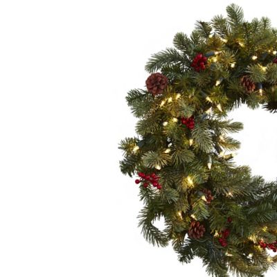 Image showing  30 in. Pre-Lit Pine Artificial Wreath with Berries and Pine Cones