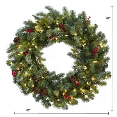 Image showing  30 in. Pre-Lit Pine Artificial Wreath with Berries and Pine Cones