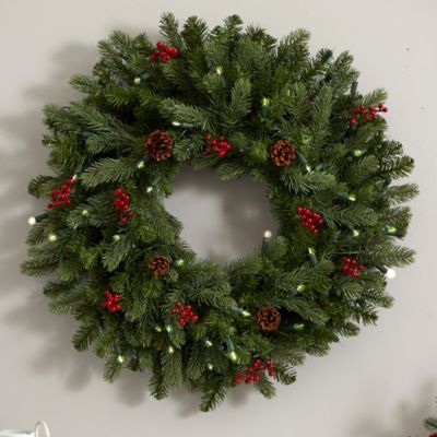 Image showing 5 th Nearly Natural 30 in. Pre-Lit Pine Artificial Wreath with Berries and Pine Cones