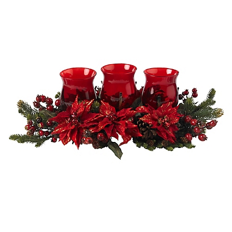 Nearly Natural 10 in. Poinsettia and Berry Triple Candelabrum
