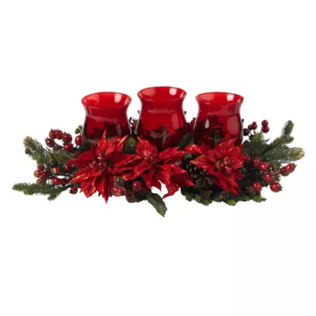 Nearly Natural 10 in Triple poinsettia and berry candlestick Candle Holders