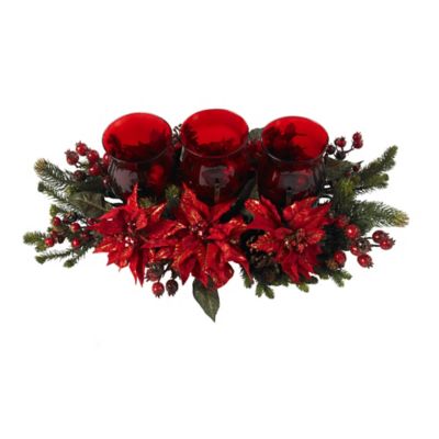 Image showing  10 in. Poinsettia and Berry Triple Candelabrum