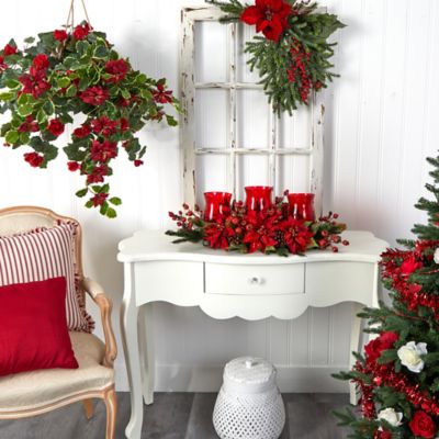 Image showing  10 in. Poinsettia and Berry Triple Candelabrum