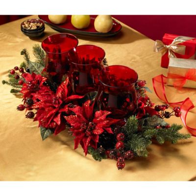 Image showing  10 in. Poinsettia and Berry Triple Candelabrum