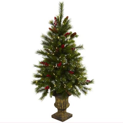Nearly Natural 4 ft. Christmas Tree with Berries Pine Cones LED Lights and Decorative Urn