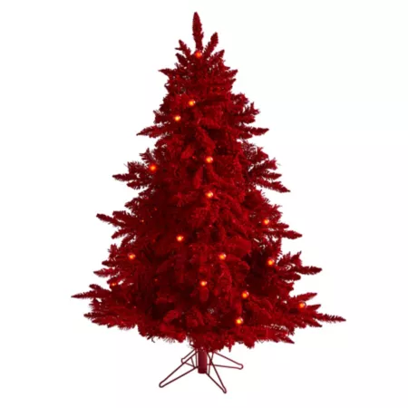 5' Flocked Red Fraser Artificial Christmas Tree with 250 Red Lights 26 Spherical Bulbs and 490 Bendable Branches Artificial Christmas Trees