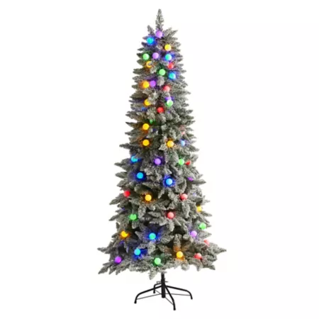 Nearly Natural 7' Flocked Artificial Christmas Tree in Planter 75 Multi-Color Bulbs Artificial Christmas Trees