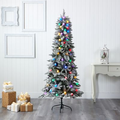Image showing  7 ft. Flocked British Columbia Mountain Fir Artificial Christmas Tree in Planter, 75 Multicolor Bulbs