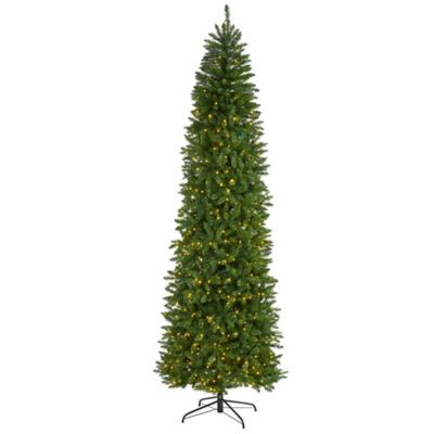 Nearly Natural 9 ft. Pre-Lit Slim Green Mountain Pine Artificial Christmas Tree, 600 Clear LED Lights