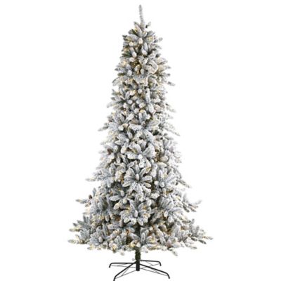 Nearly Natural 9 ft. Flocked Livingston Fir Artificial Christmas Tree, Includes Pine Cones and 650 Clear Warm LED Lights