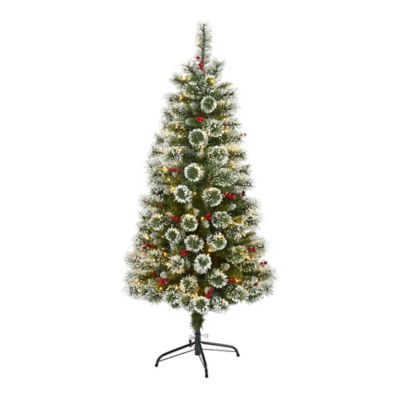 Nearly Natural 5 ft. Frosted Swiss Pine Artificial Christmas Tree, 200 Clear LED Lights and Berries