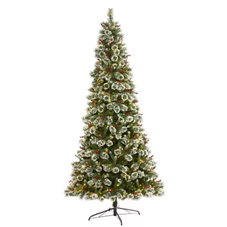 Nearly Natural 9 ft Pre-Lit Frosted Swiss Pine Artificial Christmas Tree 700 Clear and Berry LED Lights Artificial Christmas Trees