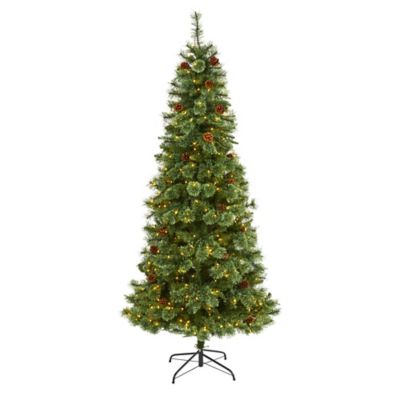 Nearly Natural 7 ft. White Mountain Pine Artificial Christmas Tree, 400 Clear LED Lights and Pine Cones