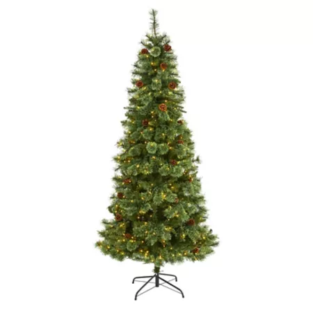 Nearly Natural 7-Foot White Pine Artificial Christmas Tree 400 Clear LED Lights and Pine Cones Artificial Christmas Trees