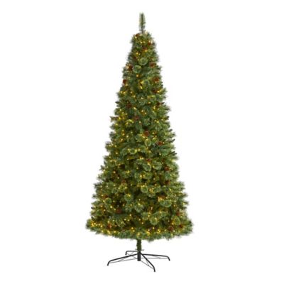 Nearly Natural 9 ft. White Mountain Pine Artificial Christmas Tree, 650 Clear LED Lights and Pine Cones