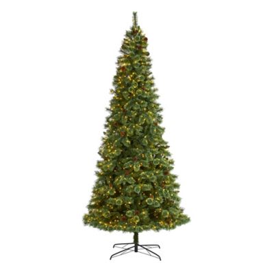 Nearly Natural 10 ft. Pre-Lit White Mountain Pine Artificial Christmas Tree with Pine Cones, Clear LED Lights