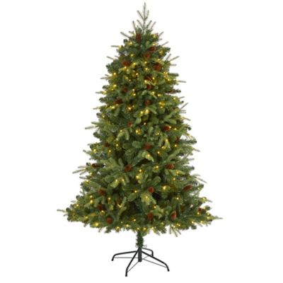 Nearly Natural 6 ft. Pre-Lit Wellington Spruce Natural Look Artificial Christmas Tree, 300 Clear LED Lights and Pine Cones