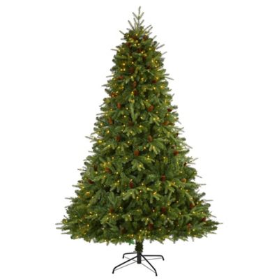 Nearly Natural 8 ft. Wellington Spruce Natural Look Artificial Christmas Tree, 550 Clear LED Lights and Pine Cones