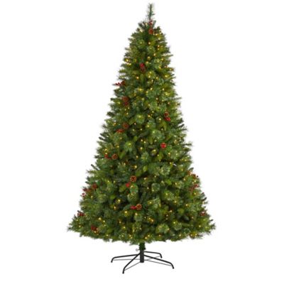 Nearly Natural 8 ft. Aberdeen Spruce Artificial Christmas Tree, 500 Clear LED Lights, Pine Cones and Red Berries