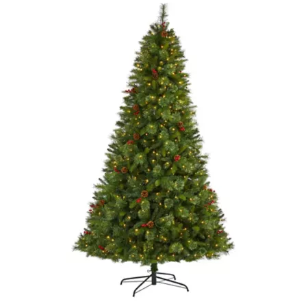 8 ft Nearly Natural Aberdeen Spruce Artificial Christmas Tree 500 Clear LED Lights Pine Cones and Red Berries Artificial Christmas Trees