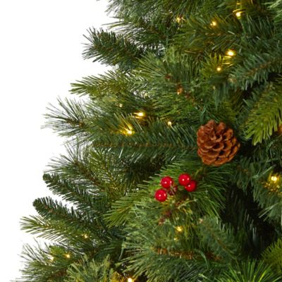 Image showing  8 ft. Aberdeen Spruce Artificial Christmas Tree, 500 Clear LED Lights, Pine Cones and Red Berries