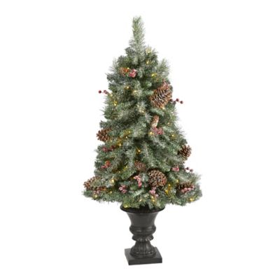 Nearly Natural 4 ft. Frosted Pine Cone & Berries Artificial Christmas Tree in Decorative Urn, 100 Clear LED Lights