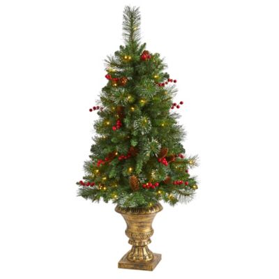 Nearly Natural 4 ft. Pine Cone and Berries Artificial Christmas Tree in Decorative Urn, 100 Clear LED Lights