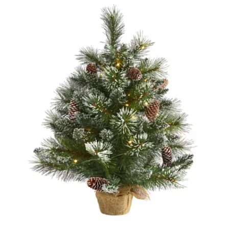 2 Foot Pre-Lit Frosted Pine Artificial Christmas Tree with 35 Clear LED Lights Pine Cones and Burlap Base Artificial Christmas Trees