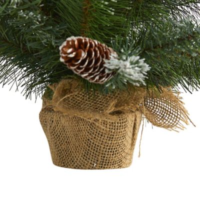 Image showing 5 th Nearly Natural 2 ft. Pre-Lit Frosted Pine Artificial Christmas Tree with 35 Clear LED Lights Pine Cones and Burlap Base