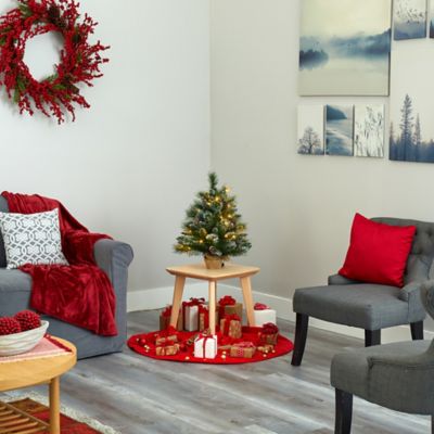 Image showing 6 th Nearly Natural 2 ft. Pre-Lit Frosted Pine Artificial Christmas Tree with 35 Clear LED Lights Pine Cones and Burlap Base