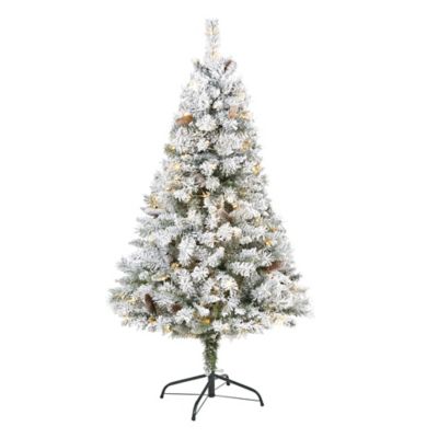 Nearly Natural 5 ft. Flocked White River Mountain Pine Artificial Christmas Tree with Pine Cones and 150 Clear LED Lights