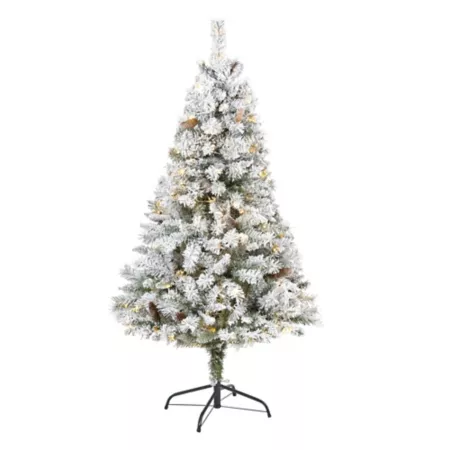 5' Flocked White River Mountain Pine Artificial Christmas Tree with Pine Cones and 150 Nearly Natural Clear LED Lights Artificial Christmas Trees