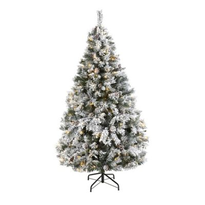 Nearly Natural 6 ft. Flocked White River Mountain Pine Artificial Christmas Tree, Includes Pine Cones and 250 Clear LED Lights