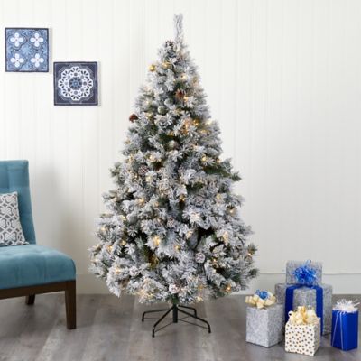 Image showing  6 ft. Flocked White River Mountain Pine Artificial Christmas Tree, Includes Pine Cones and 250 Clear LED Lights
