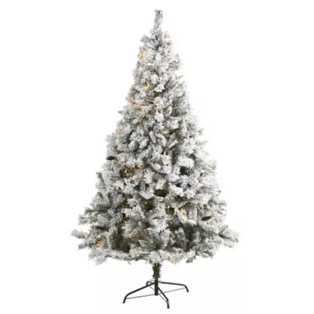 Nearly Natural 7-Foot Pre-Lit Flocked White River Mountain Pine Artificial Christmas Tree with Pine Cones and 350 LED Lights Artificial Christmas Trees